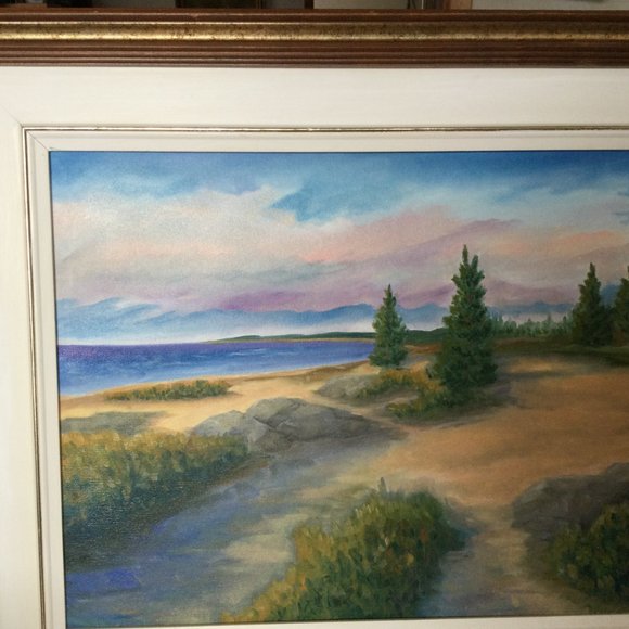 Original art painting on canvas board landscaping wood frame wall hanging signed - Picture 2 of 9